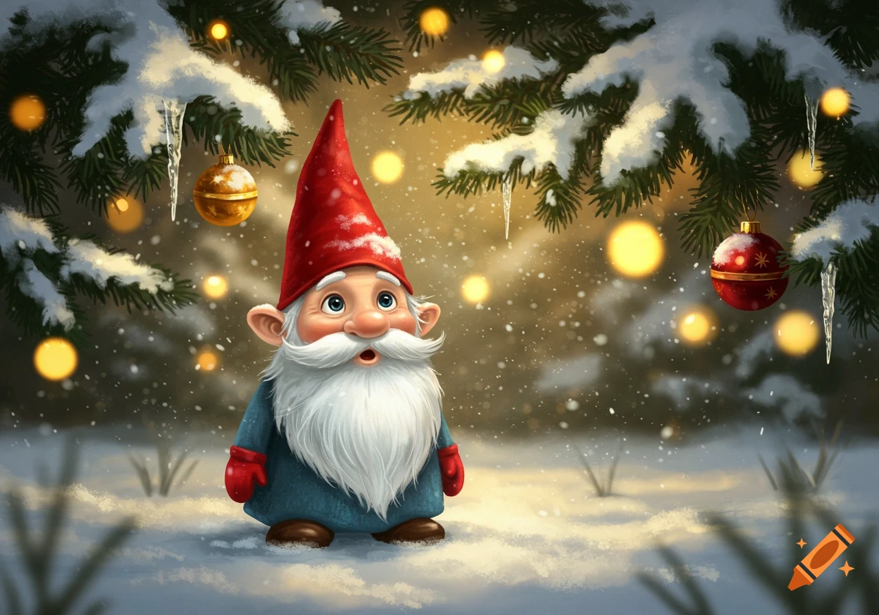 A cute Christmas gnome with a red hat and white beard stands in a snowy forest decorated with twinkling lights and ornaments.