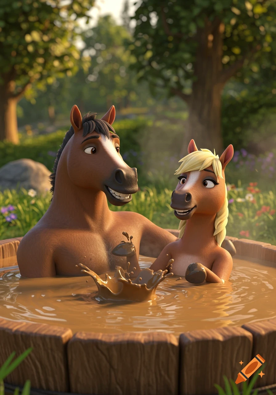 An animated male and female horse couple happily relaxing together in a mud hot tub in a sunny, lush forest.