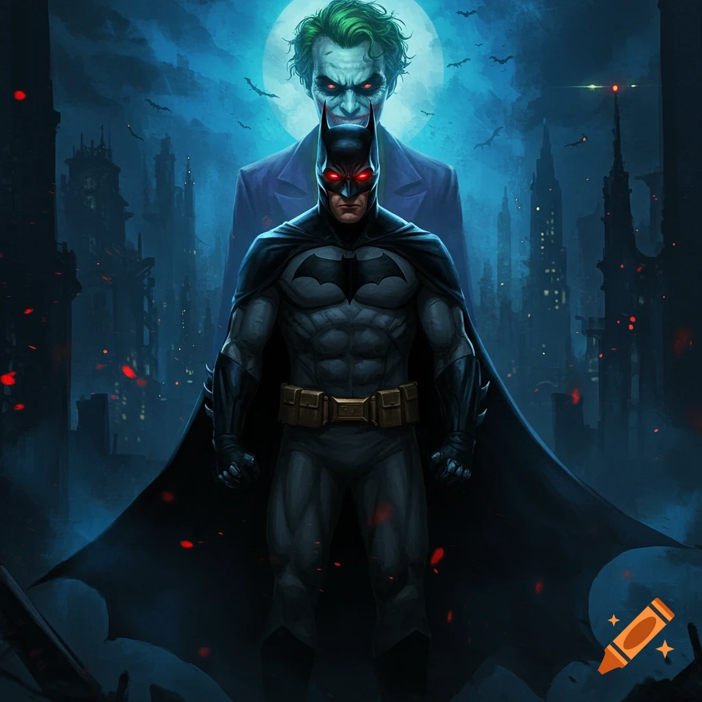 Red-eyed Batman stands before a shadowy Joker against a full moon and dark Gotham cityscape in a dramatic comic art style.