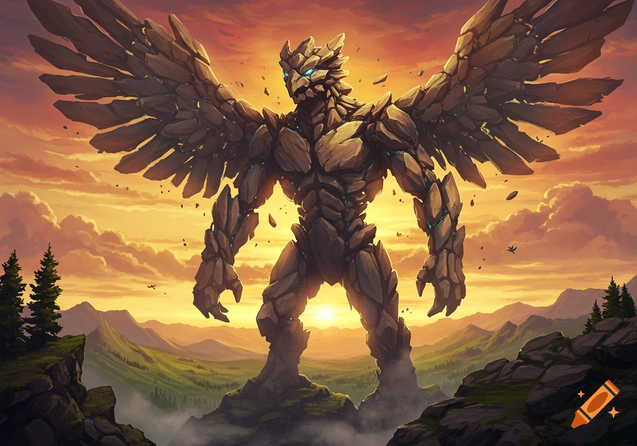 A colossal, winged rock monster resembling an anthropomorphic bird stands on a mountain, with a vibrant sunset and misty valley behind it.