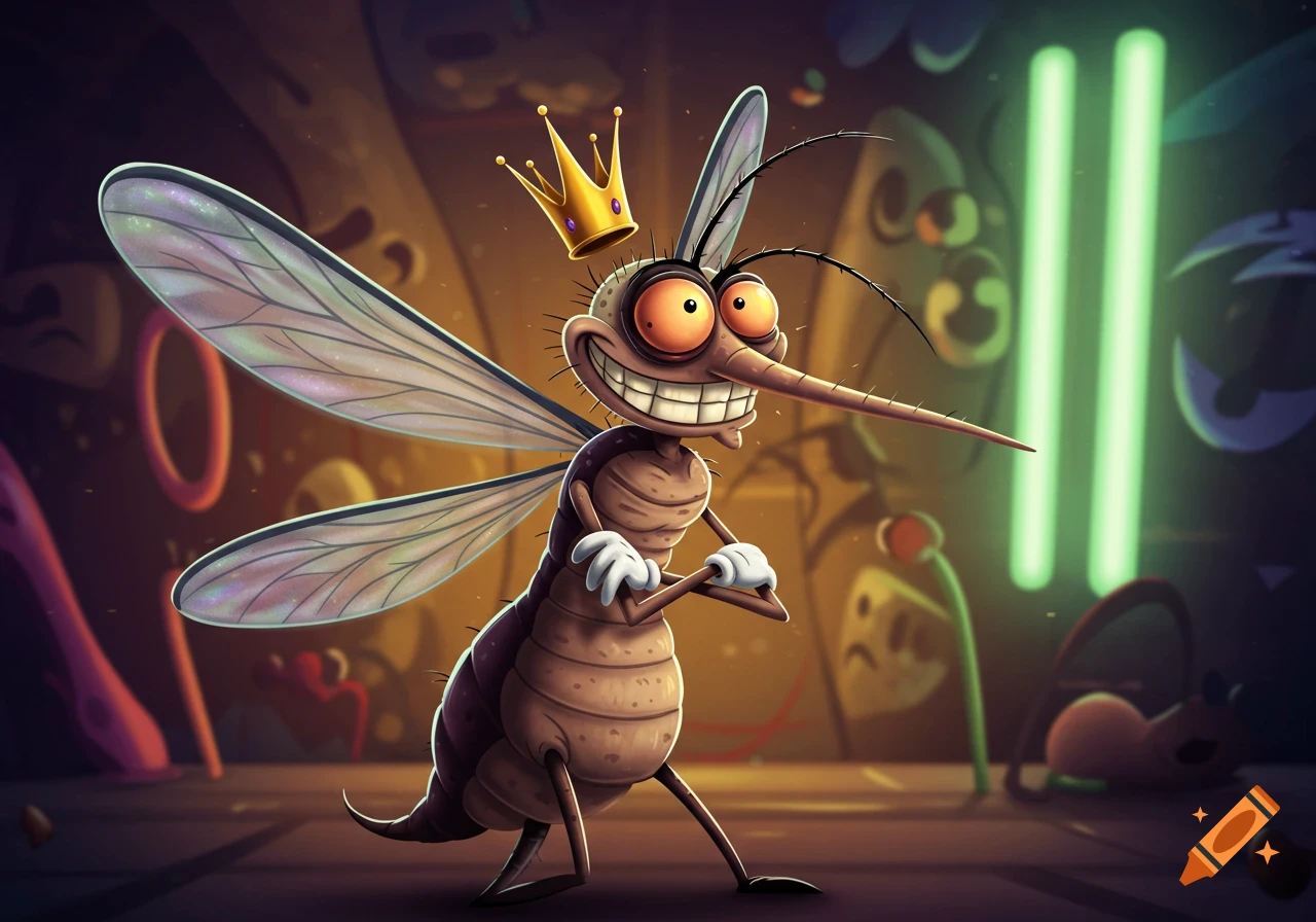 A cartoon mosquito king with a big smile, wearing a golden crown and white gloves, crossing its arms in an animated style.