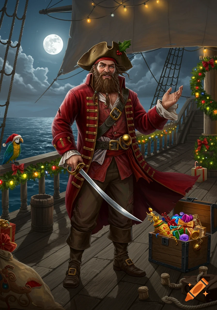 A bearded pirate captain in a red coat stands on a Christmas-decorated ship deck under a full moon, with a sword, parrot, and treasure.