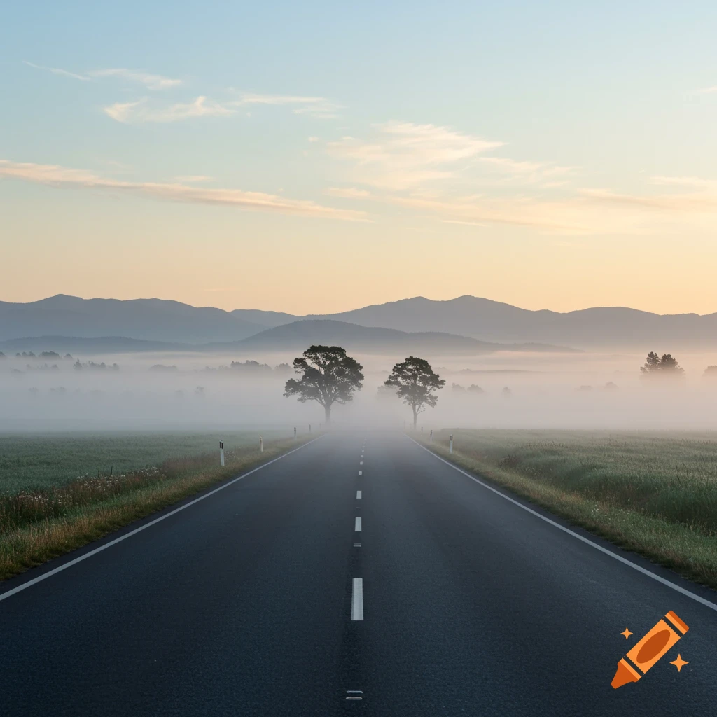 A long, straight road through a misty valley with two trees silhouetted, mountains in the background, and a pastel sky.