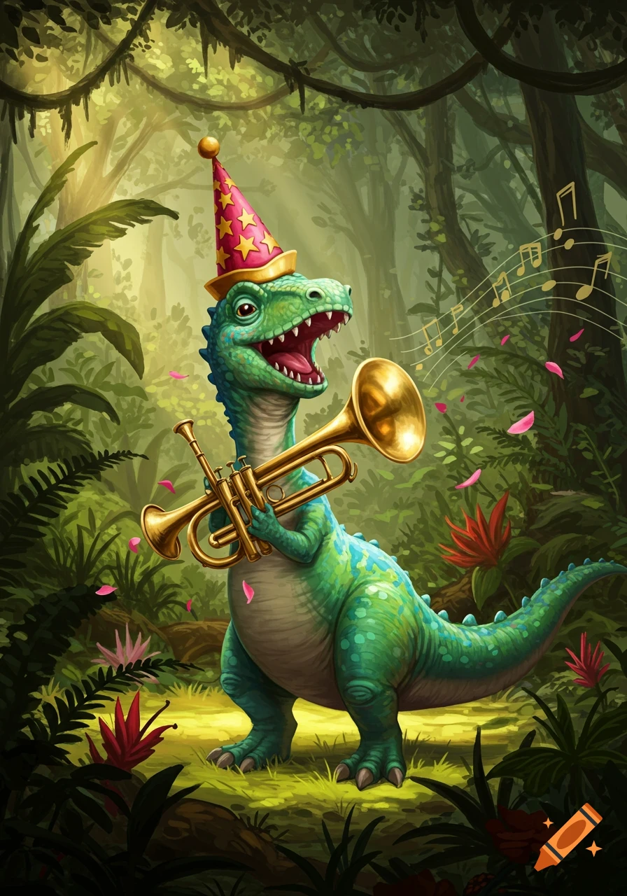 A cartoon green dinosaur wearing a red party hat plays a golden trumpet in a lush jungle.