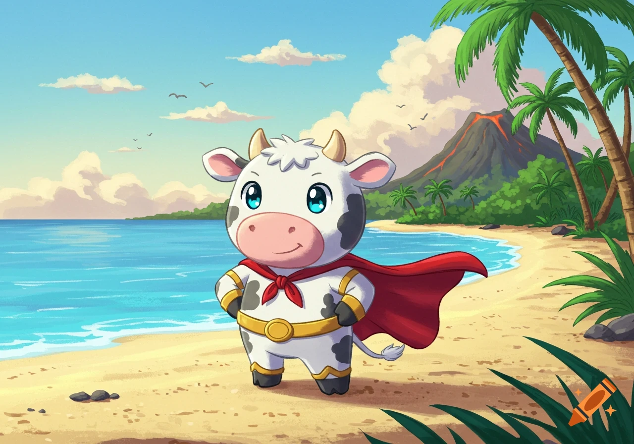 Manga-style cartoon cow in a superhero costume on a tropical beach with an erupting volcano.