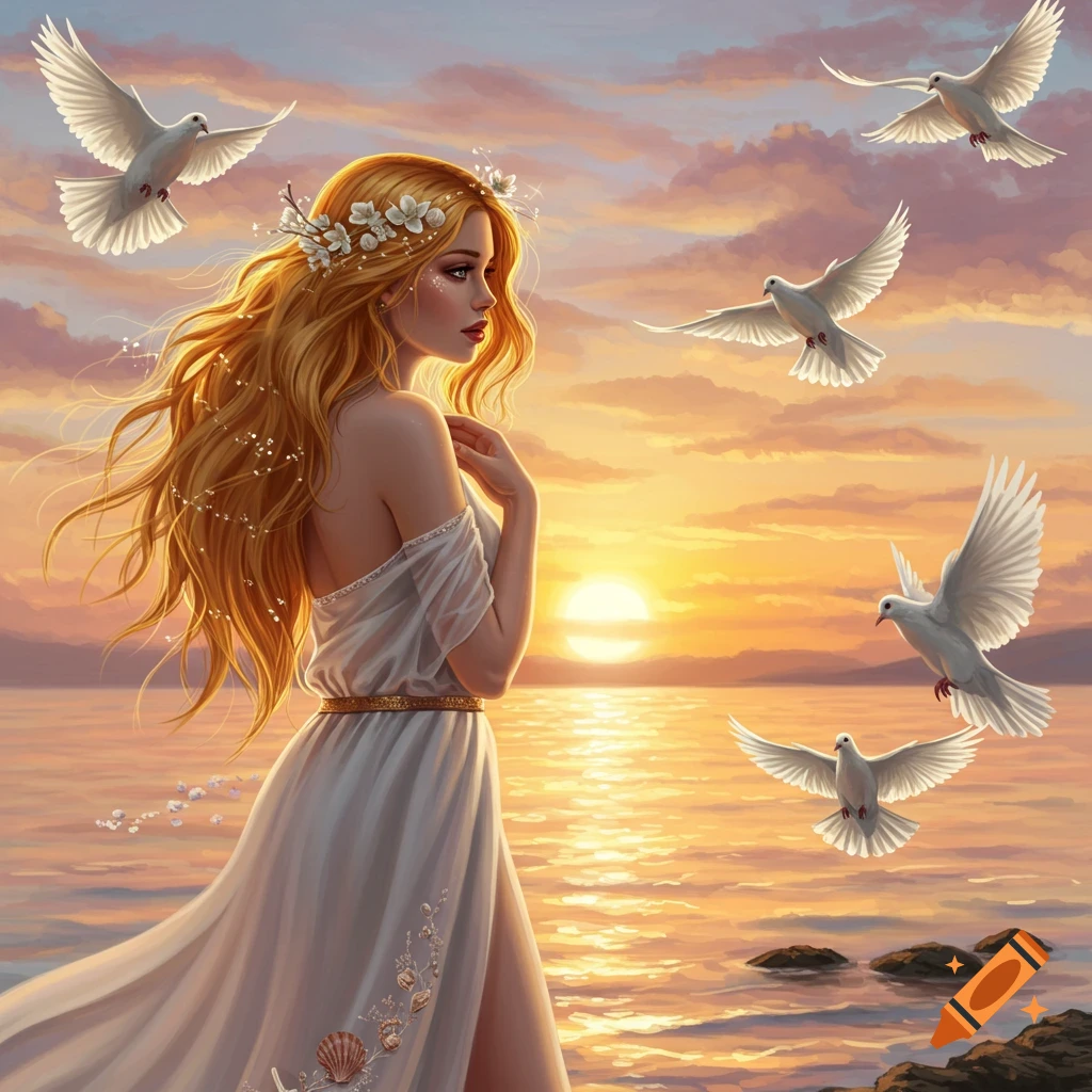 Stylized illustration of a woman in a white dress by the sea at sunset, with golden hair and doves flying around her.