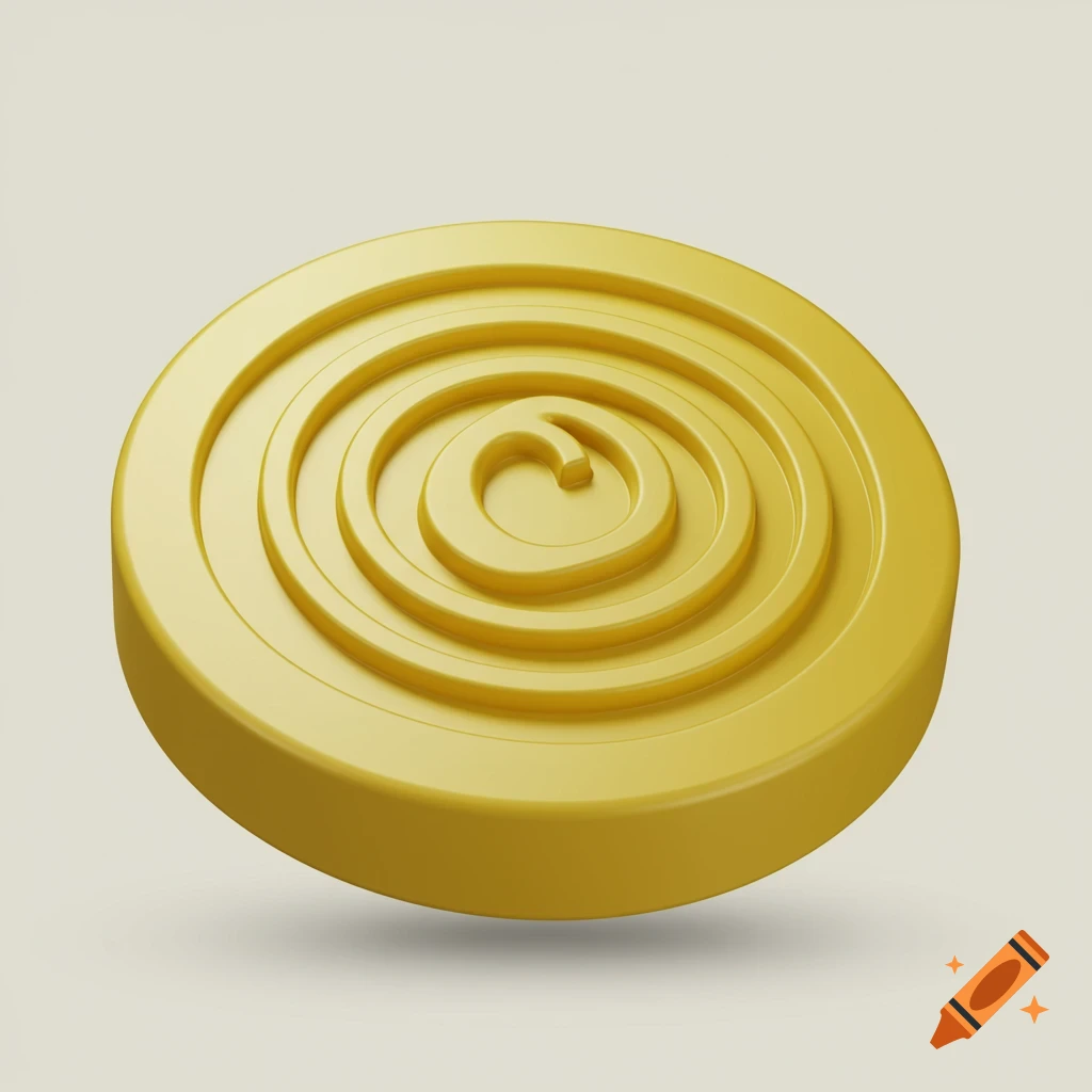 A minimalist, stylized 3D render of a yellow disc with a spiral relief, slightly tilted on a light background.
