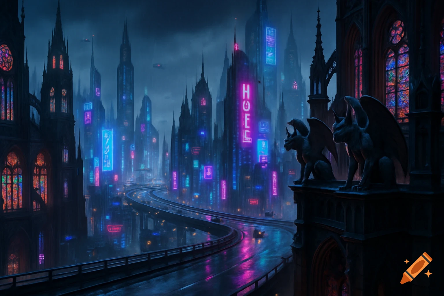 A moody, futuristic gothic cityscape with glowing neon signs, elevated highways, and gargoyles on a rainy night.