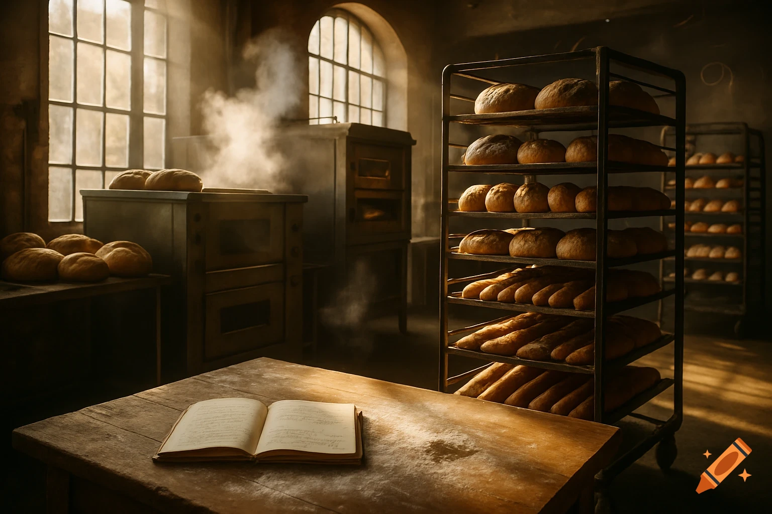 Sunlit industrial bakery at dawn with racks of bread, steaming ovens, and an open notebook on a wooden table.
