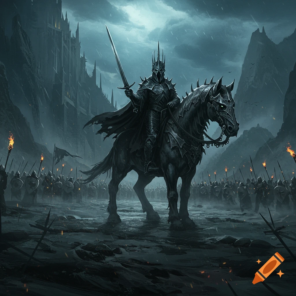 Armored Witch King on a black horse leads a vast army towards a dark castle under a stormy sky in a grim fantasy illustration.