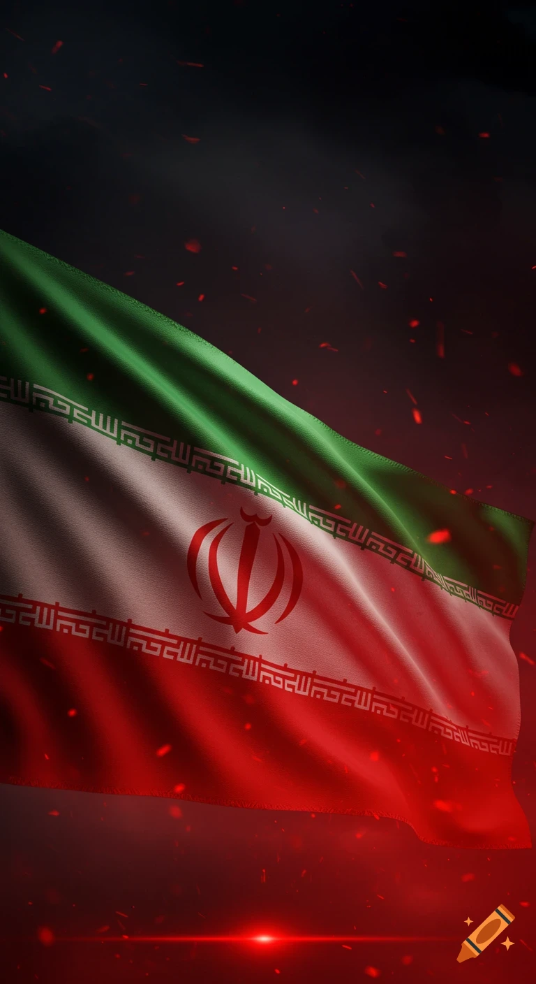 Photorealistic Iranian flag waving dramatically against a dark, smoky background with red light and sparks.