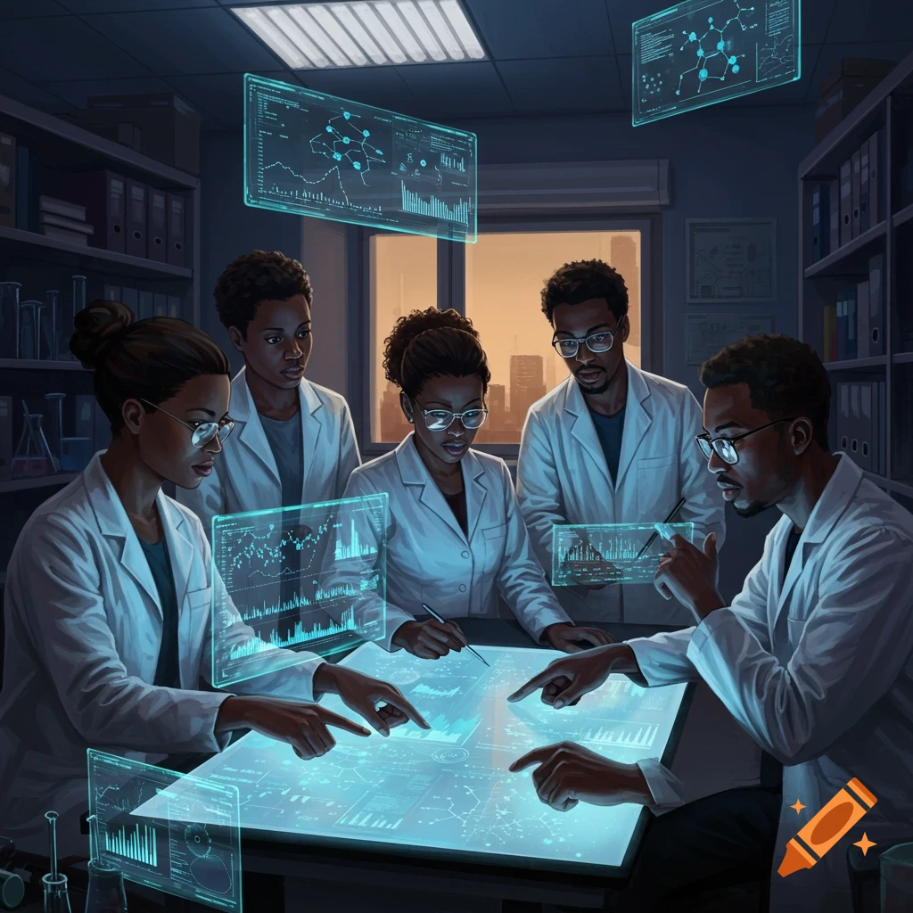 Five Black scientists in lab coats examine glowing holographic data screens in a futuristic lab.