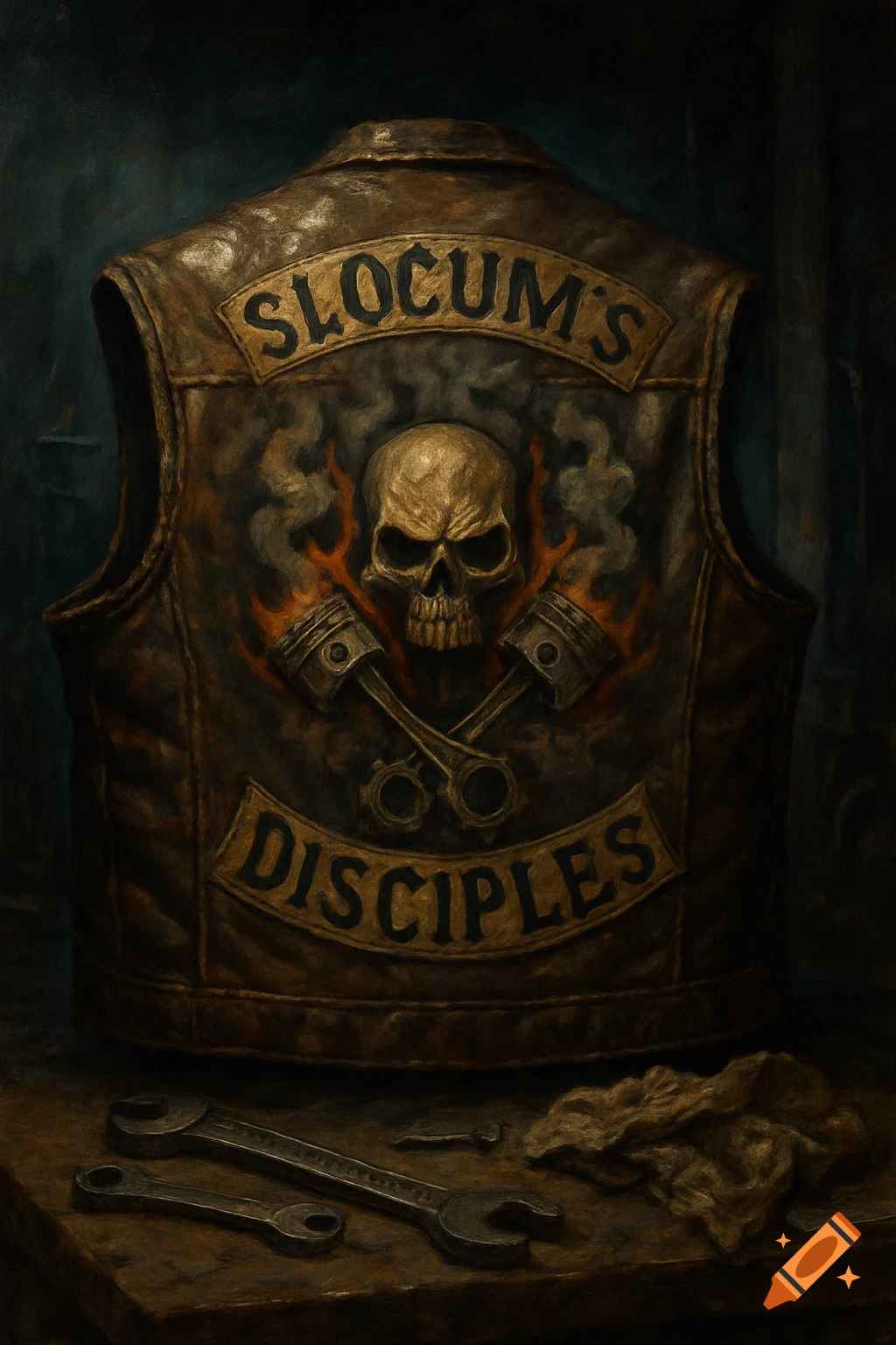 A dark, gritty painting of a brown leather biker vest featuring a skull, flaming pistons, and 'SLOCUM'S DISCIPLES' text, on a workbench with wrenches.