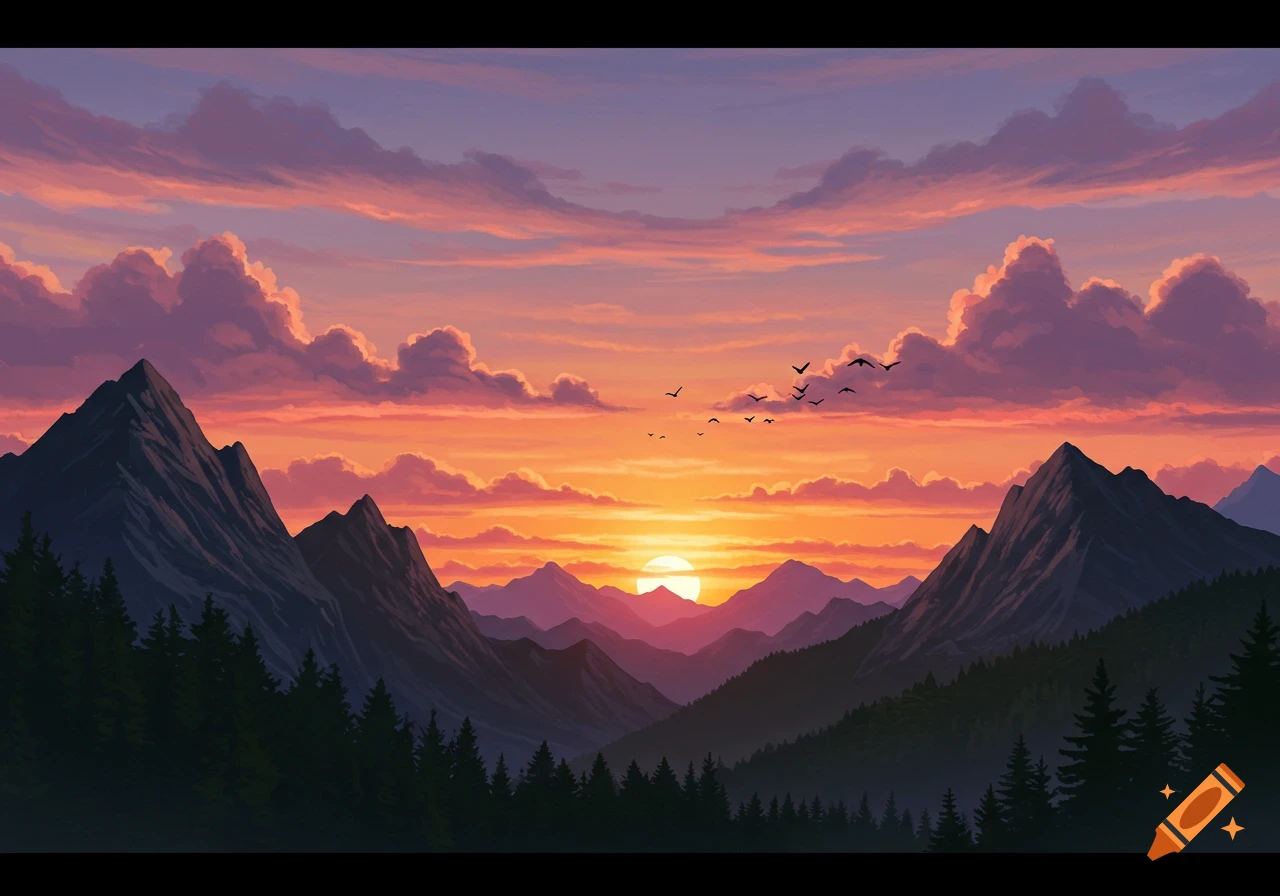 Stylized digital art of a mountain landscape at sunset, with a vibrant sky, silhouetted trees, and birds flying.
