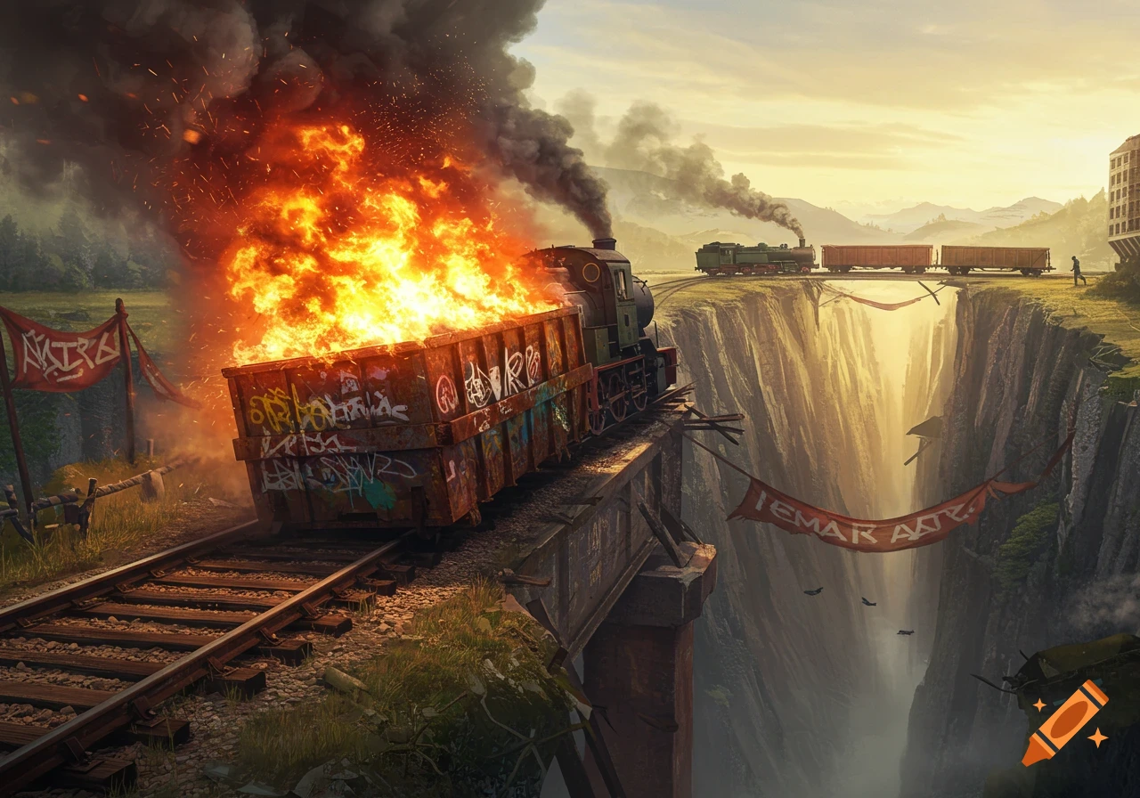 A steam engine pulls a burning dumpster off an incomplete train bridge over a deep ravine, with another train in the background.