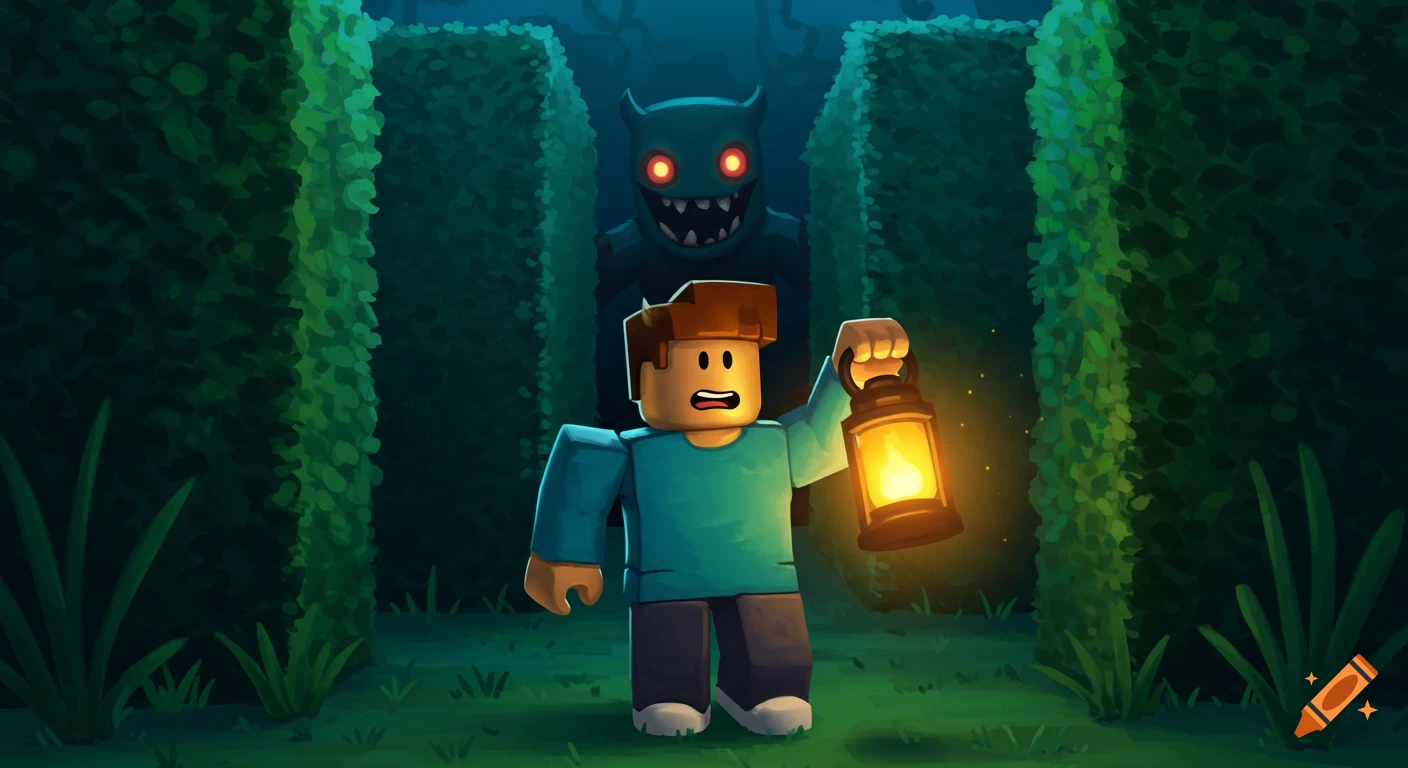 A scared Roblox noob character holds a lantern in a dark hedge maze with a horned monster with red eyes behind them.