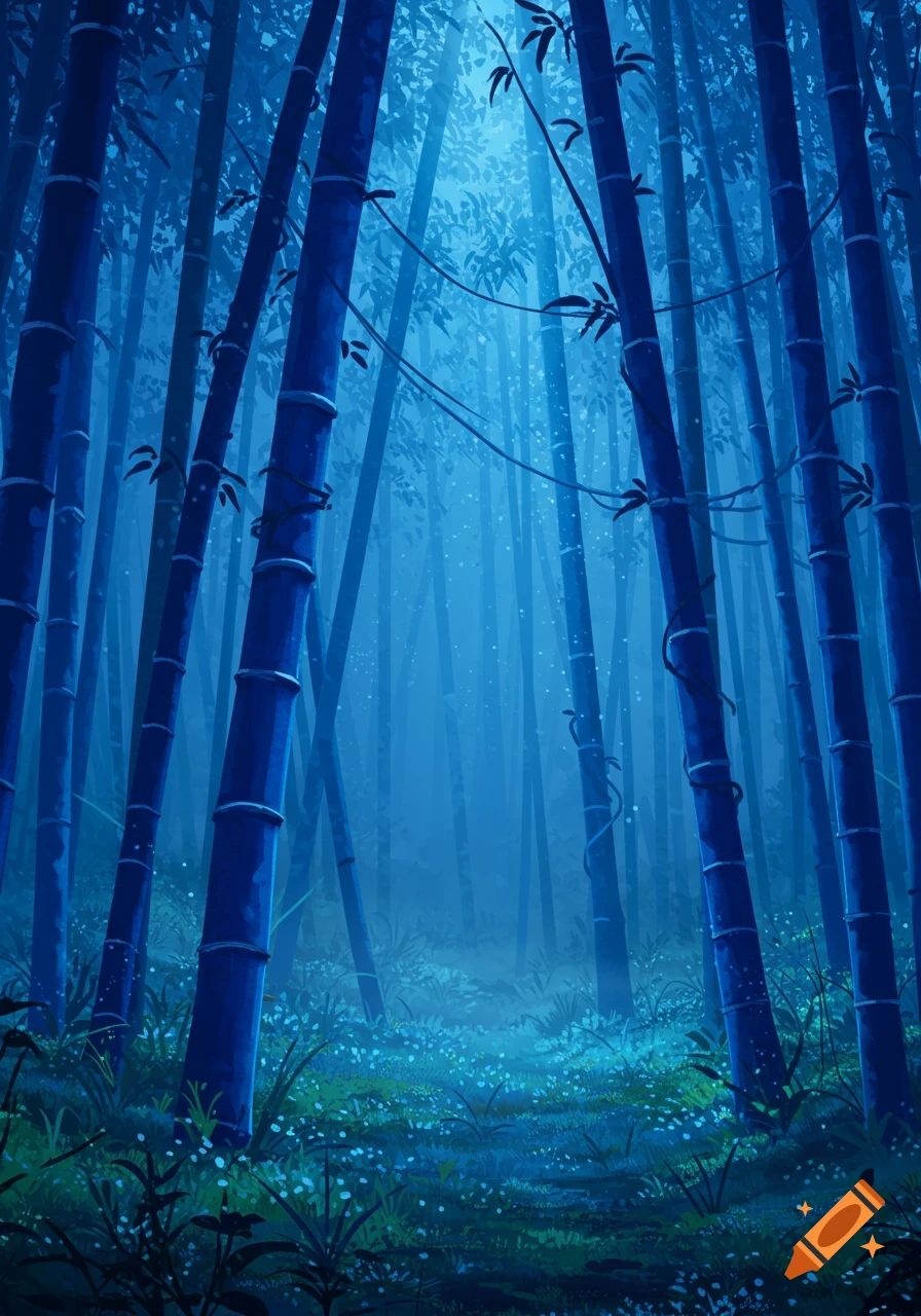 A stylized blue bamboo forest with light filtering through the canopy and glowing plants on the forest floor.
