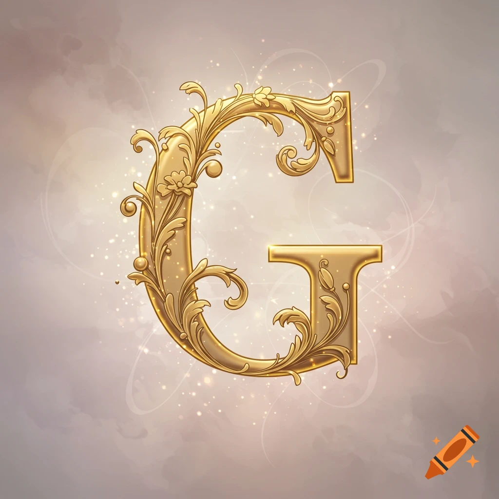 Ornate golden letter G with floral patterns and shimmering particles on a soft, light background.