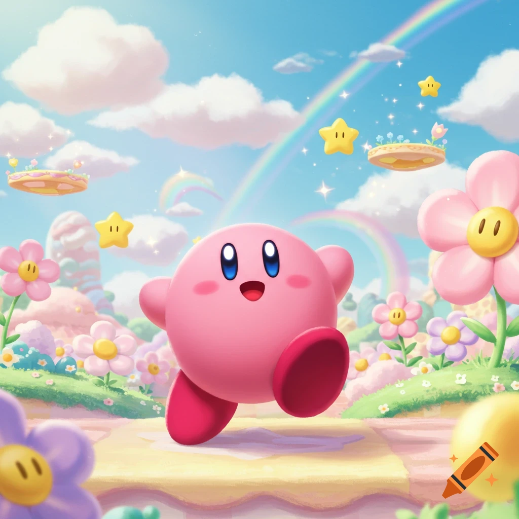 Kirby, a pink spherical character, runs happily through a colorful, whimsical landscape filled with flowers, stars, and rainbows.