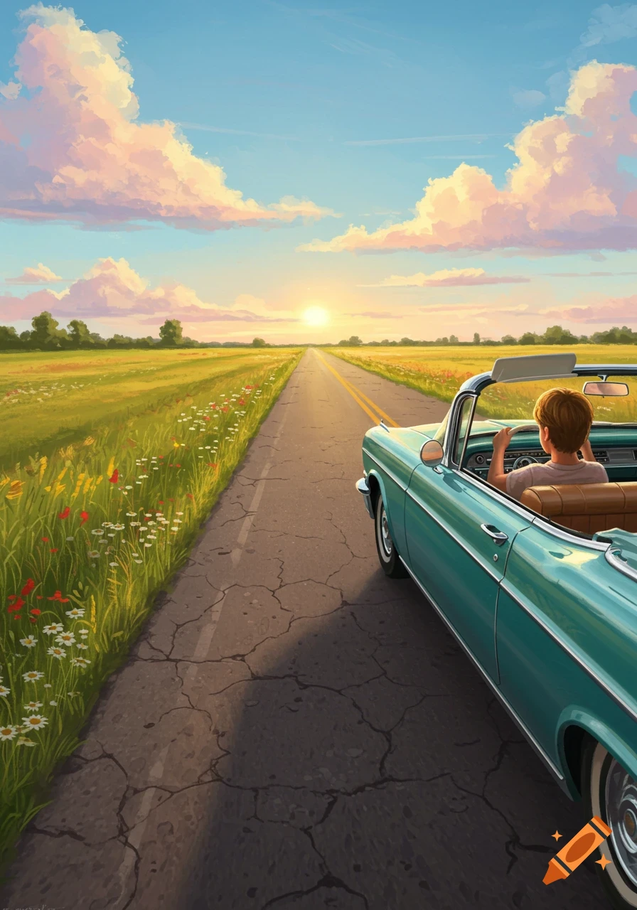 A stylized illustration of a person driving a teal convertible on a cracked road through a grassy field at sunset.