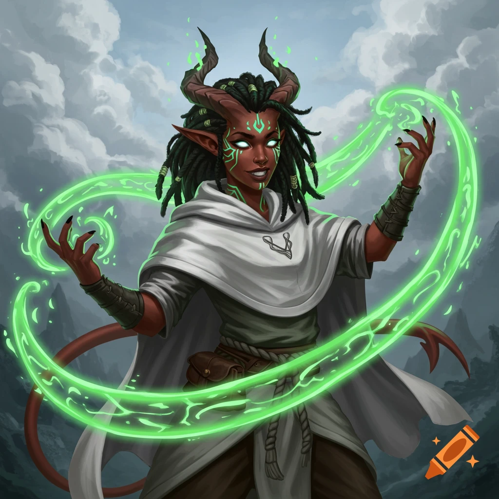 A red-skinned Tiefling sorceress with dreadlocks and horns casts green magic against a cloudy sky.