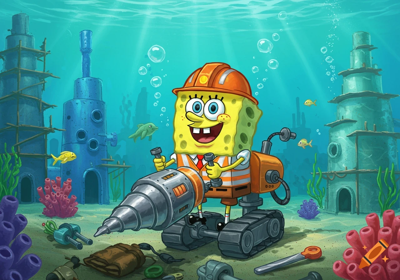 Cartoon Spongebob in a hard hat and safety vest, operating a large drill vehicle underwater with construction towers.