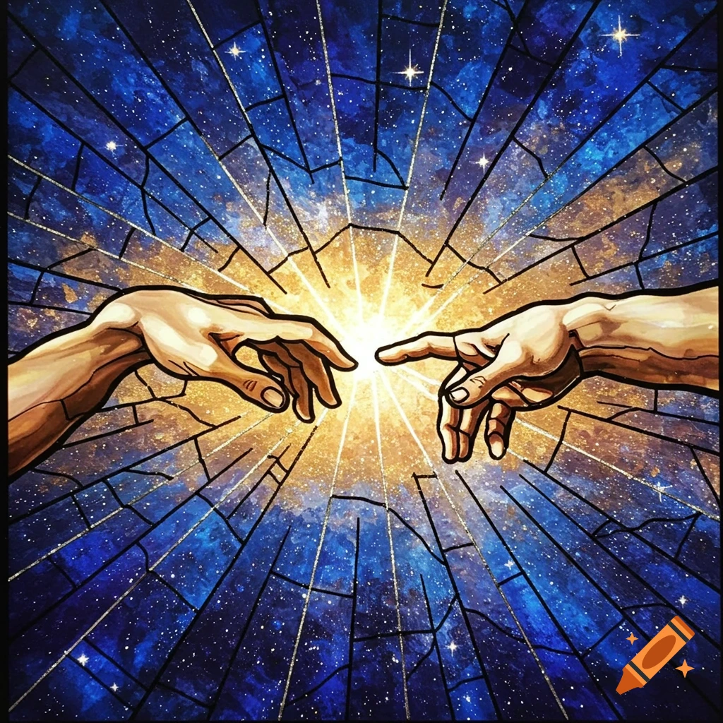 Two hands, in the style of Michelangelo's 'Creation of Adam', nearly touch amidst a glowing, starry stained glass pattern.