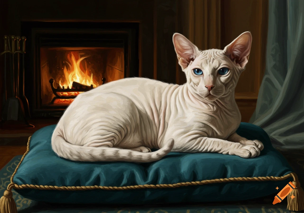 A white hairless cat with blue eyes rests on a teal cushion before a roaring fireplace, depicted in a painterly style.