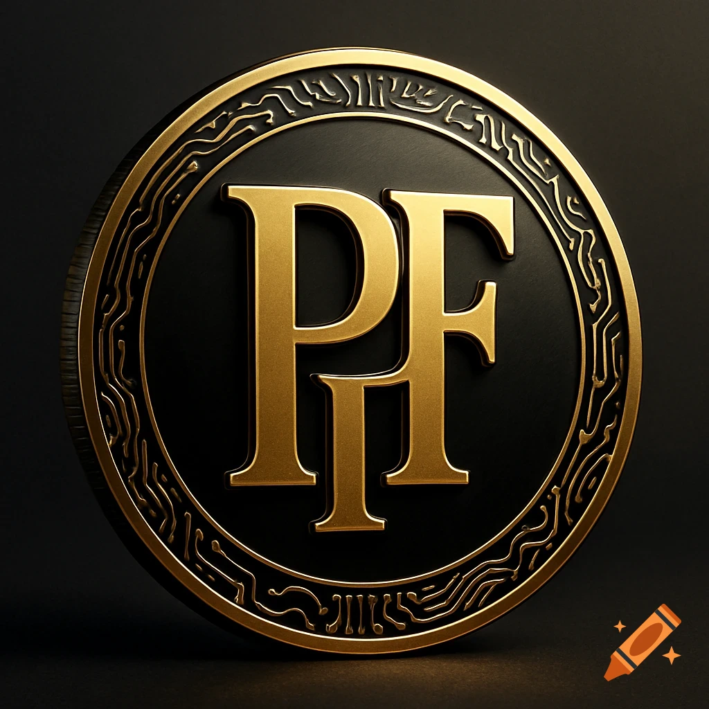 A close-up of a black and gold coin featuring the letters 'PF' centrally, surrounded by a gold circuit pattern.