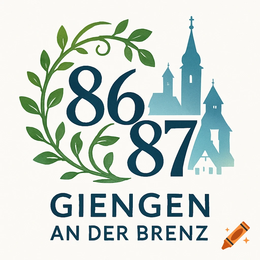 A graphic logo featuring the numbers 86 and 87, text "Giengen an der Brenz", a green wreath, and blue church silhouettes.