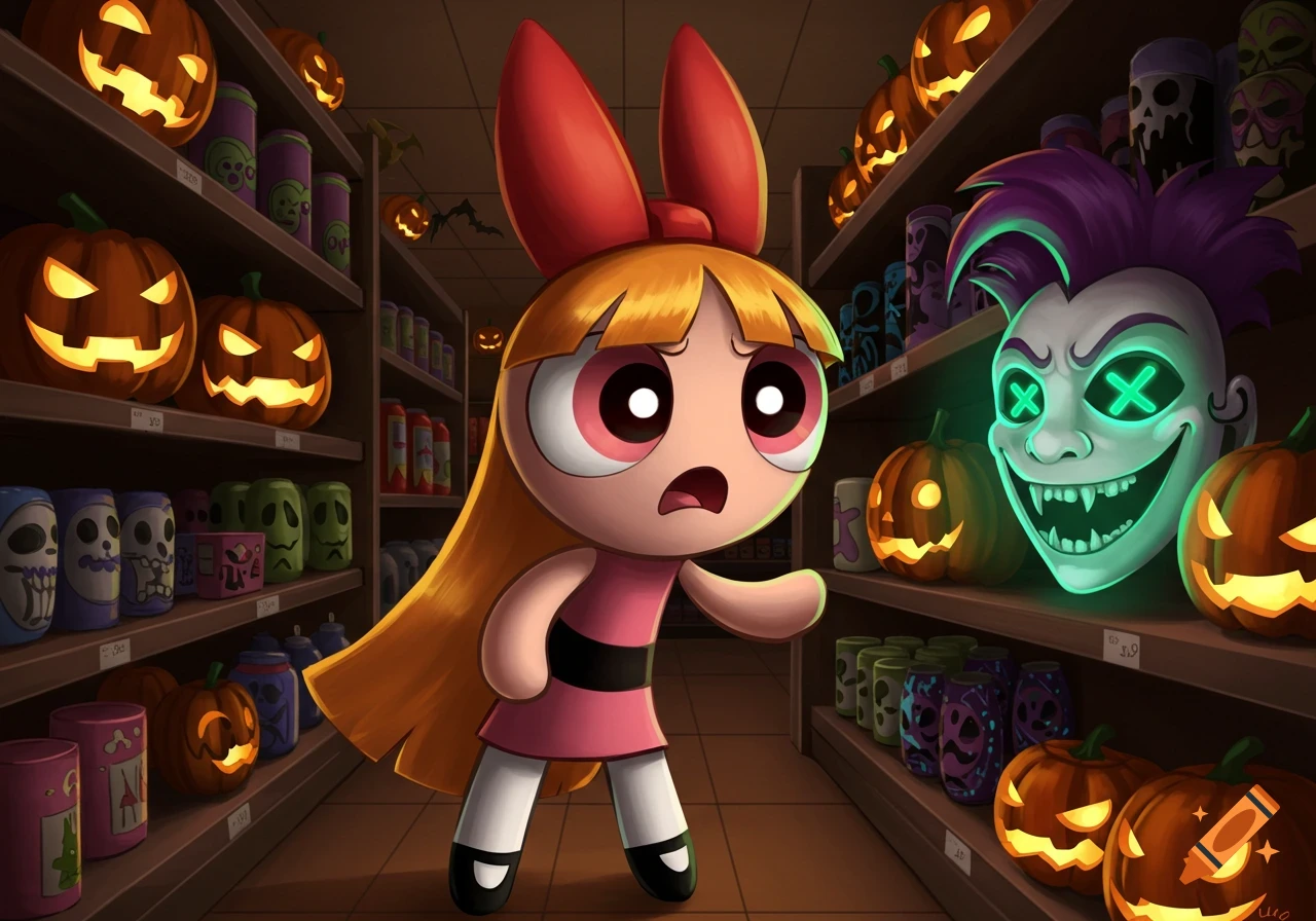 Blossom from Powerpuff Girls looks scared in a spooky Halloween store with glowing jack-o'-lanterns and a creepy mask, cartoon style.