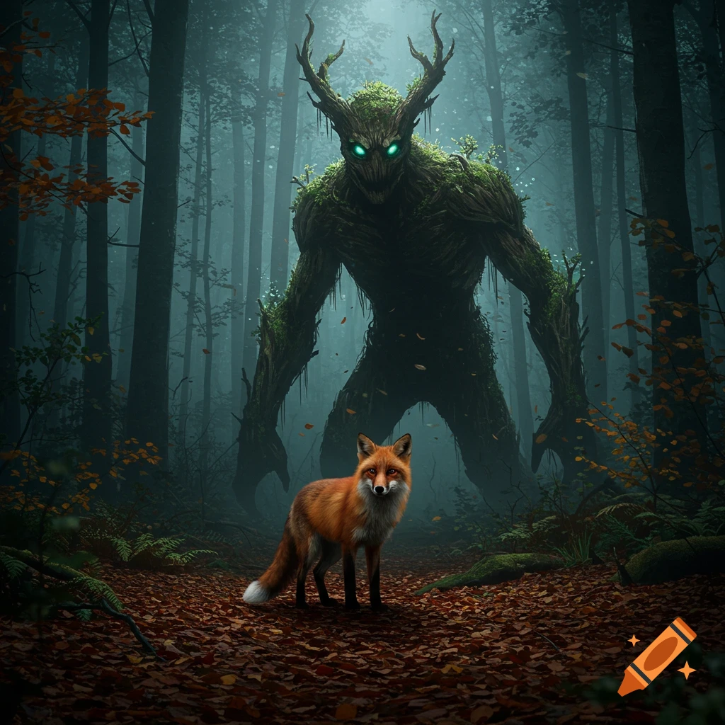 A glowing-eyed, moss-covered tree monster stands in a dark, misty forest behind a red fox on a bed of autumn leaves.