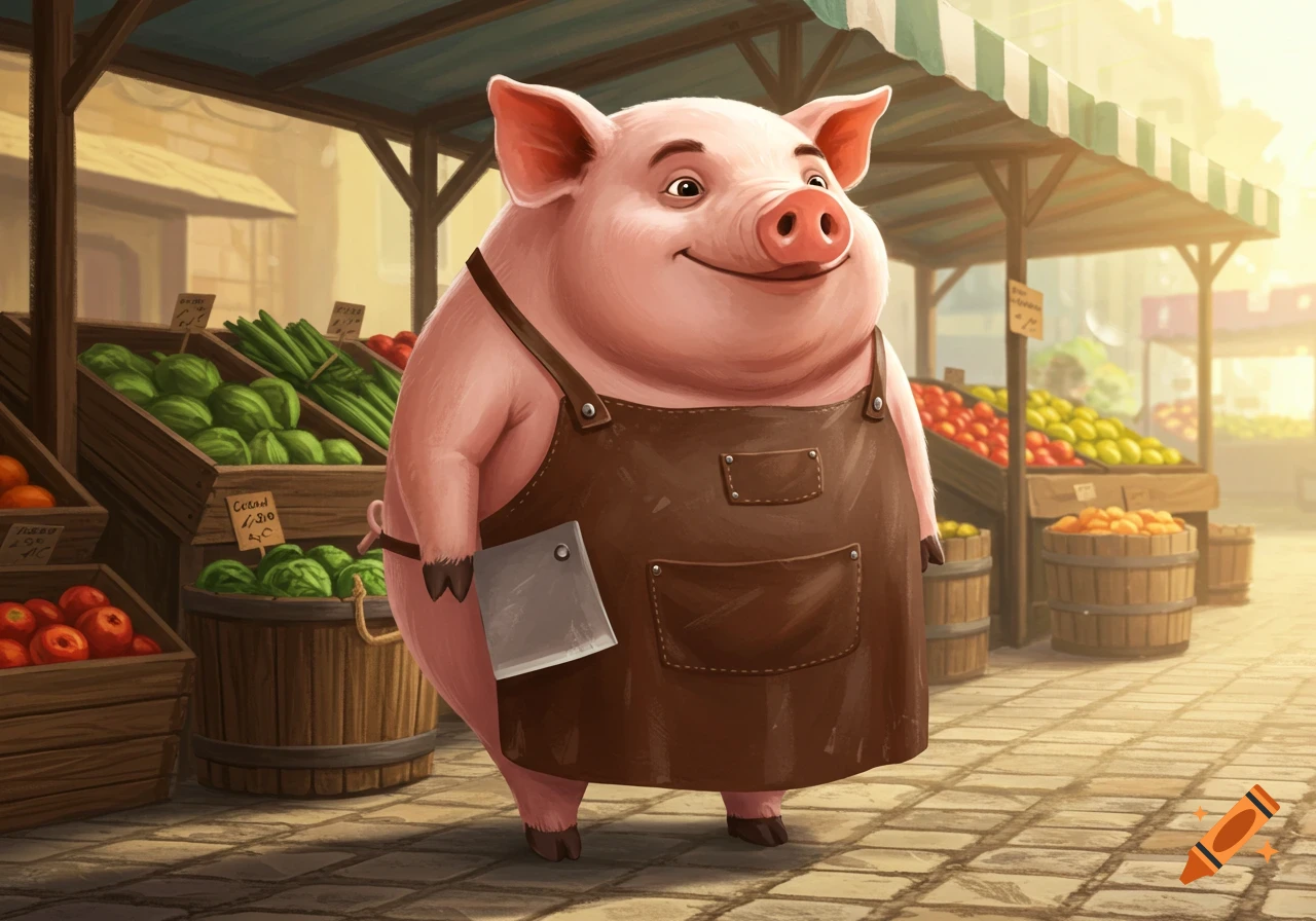 A friendly cartoon pig wearing a brown leather apron holds a cleaver while standing at a vibrant outdoor market stall selling fresh produce.