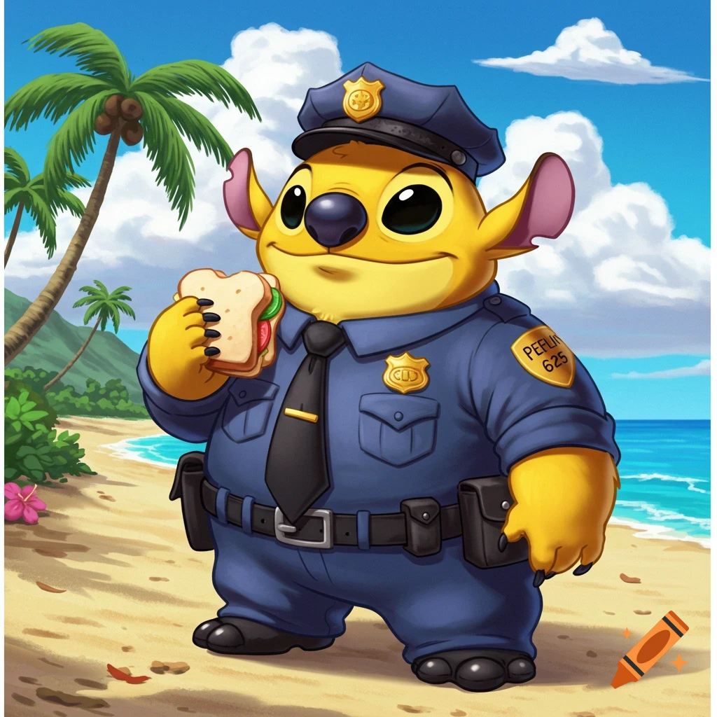 Reuben (Experiment 625) from Lilo & Stitch as a police officer eating a sandwich on a tropical beach.
