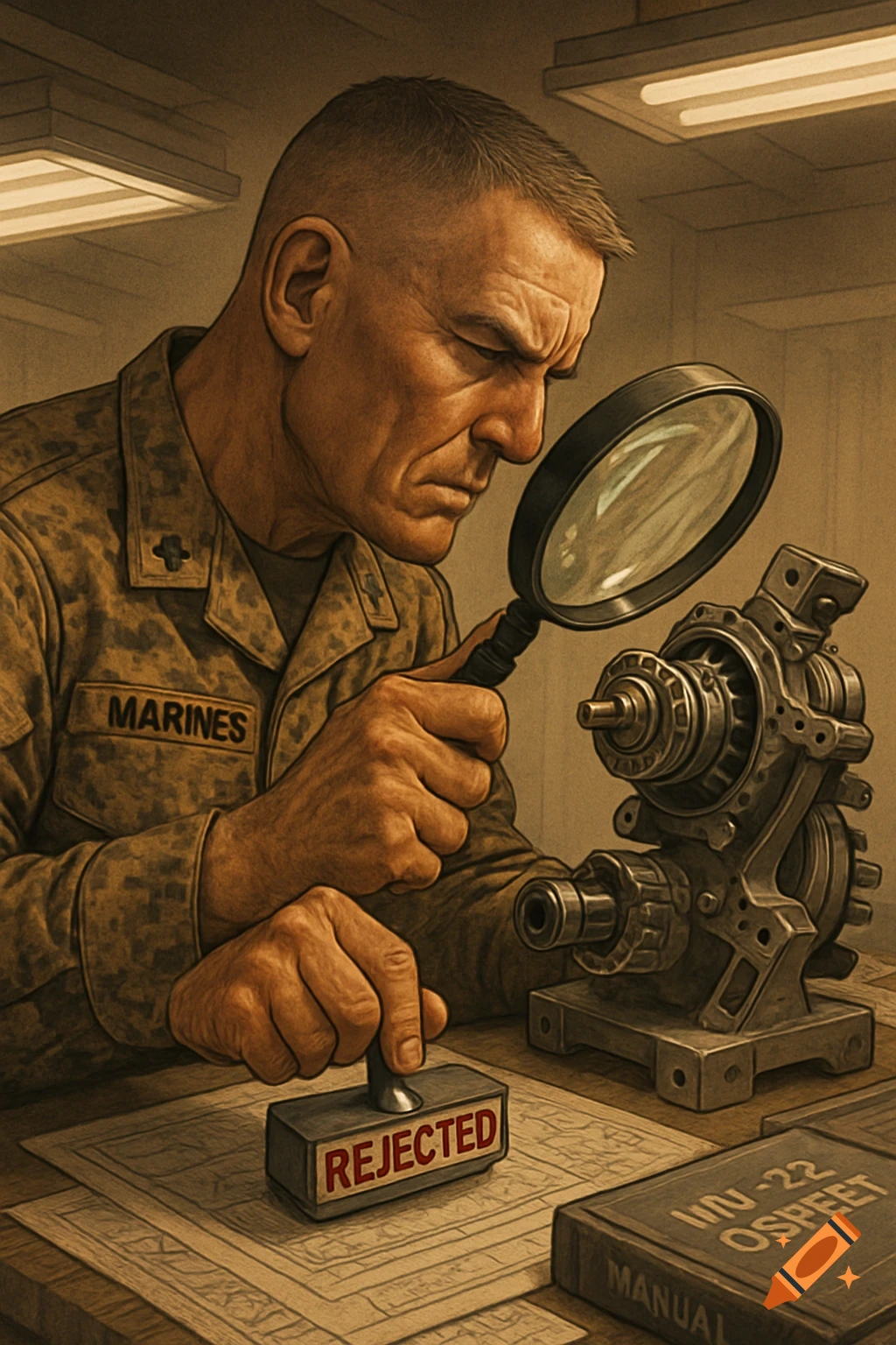 A stern Marine in profile inspects mechanical gears with a magnifying glass, while his other hand holds a stamp that reads "REJECTED" on a desk with a book titled "MN-22 OSPEET MANUAL".