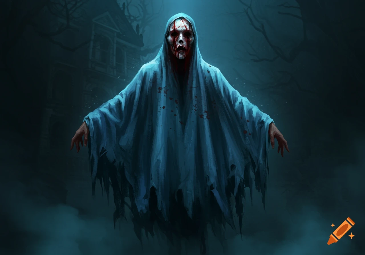 A terrifying blue ghost with a blood-splattered mask and tattered robe floats in front of a haunted house under a dark, spooky sky.