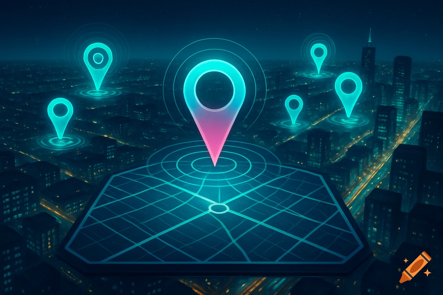 A vibrant, futuristic cityscape at night with glowing blue and pink geolocation map pins hovering above a digital grid.