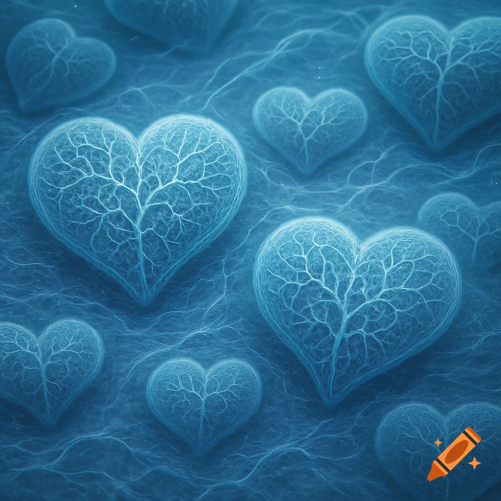 Glowing blue hearts with branching internal structures float on a textured, ethereal blue background.