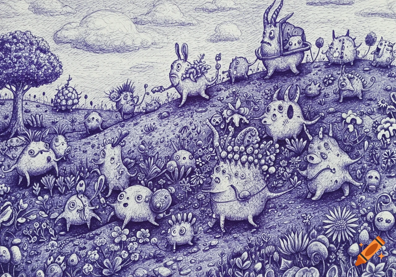 A detailed ballpoint pen illustration of bizarre, cartoony creatures embarking on a long journey across a hilly, plant-filled landscape under a cloudy sky.