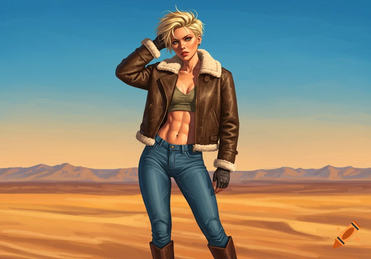 An illustration of a short-haired blonde woman in an open brown aviator jacket, blue jeans, and boots, standing in a desert landscape.