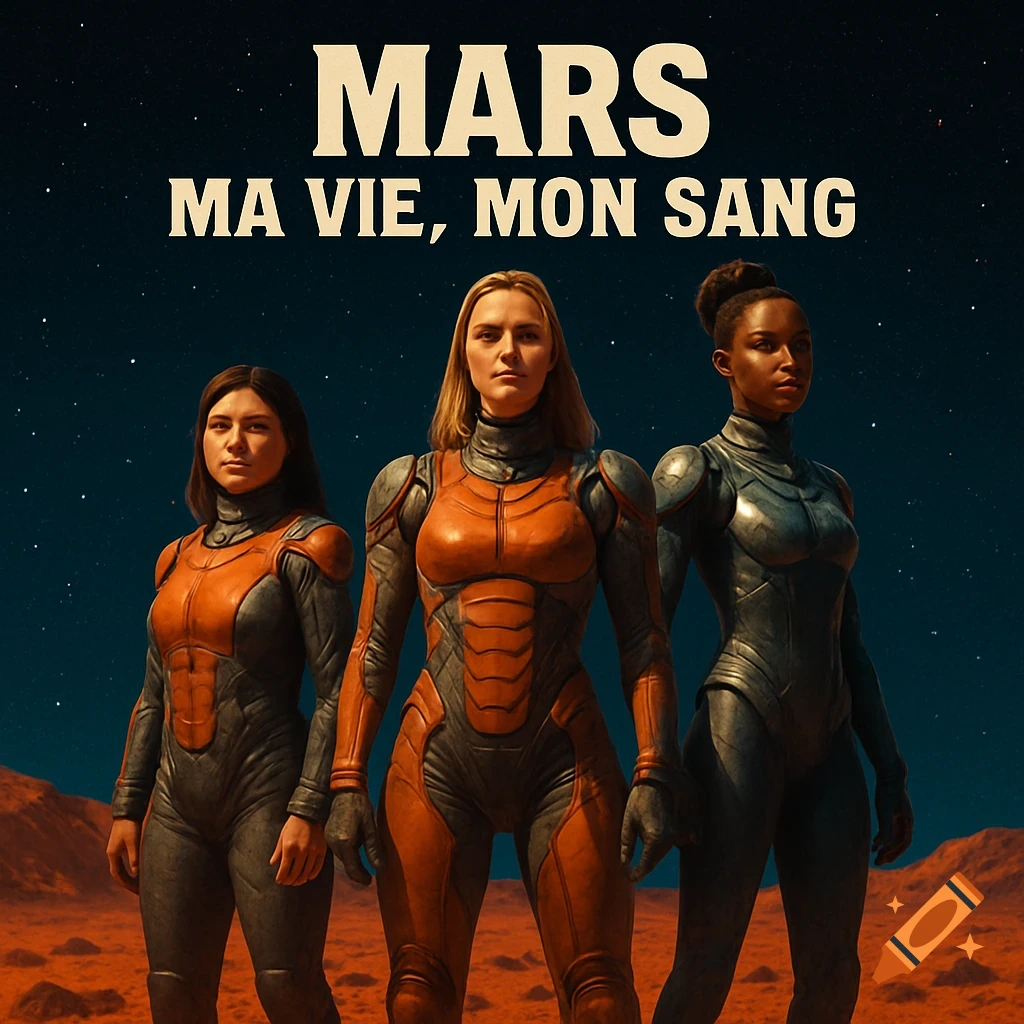 Three women in sci-fi suits stand on a red Mars landscape under a starry sky. Text reads "MARS MA VIE, MON SANG".