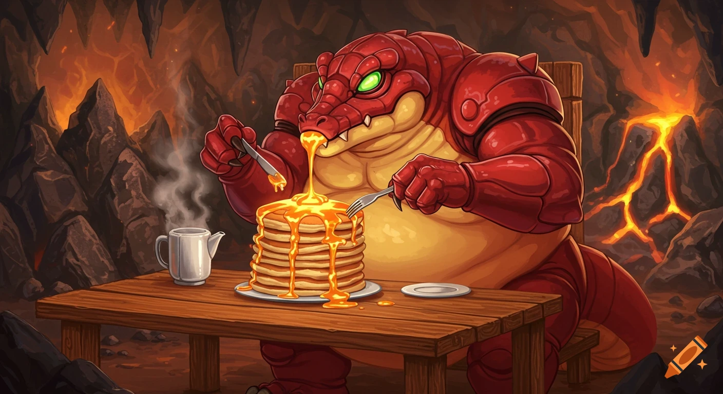 A vibrant cartoon of a muscular red Crocomire-like creature with green eyes, eating a tall stack of pancakes with syrup in a lava cave.