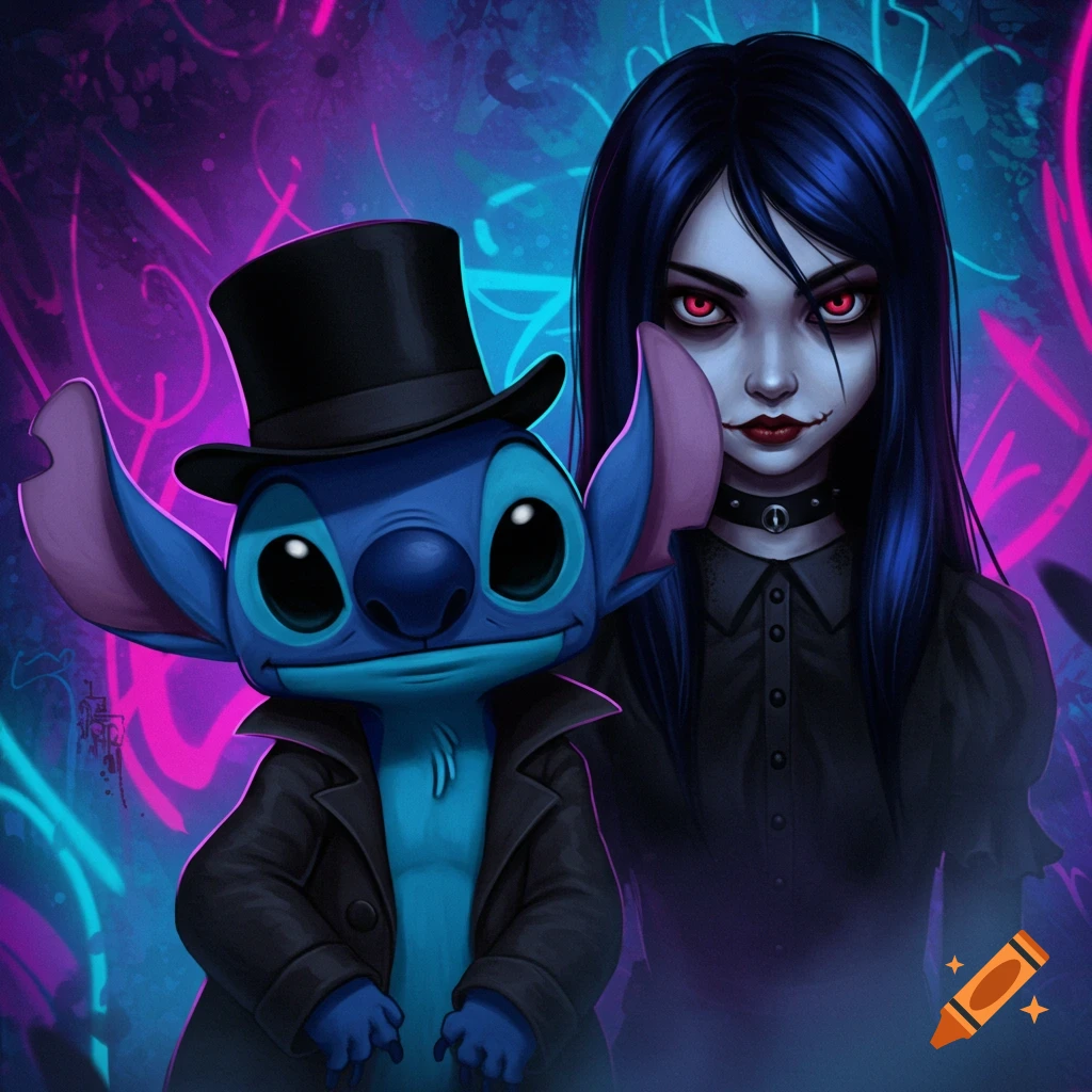 Stylized art of Stitch in a black top hat and trench coat standing next to a pale, red-eyed gothic girl with dark hair, against a neon background.