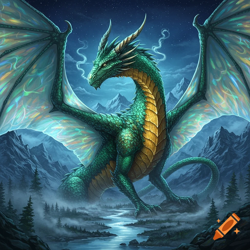 A majestic green and gold dragon with iridescent wings stands in a misty, moonlit mountain valley with a winding river.