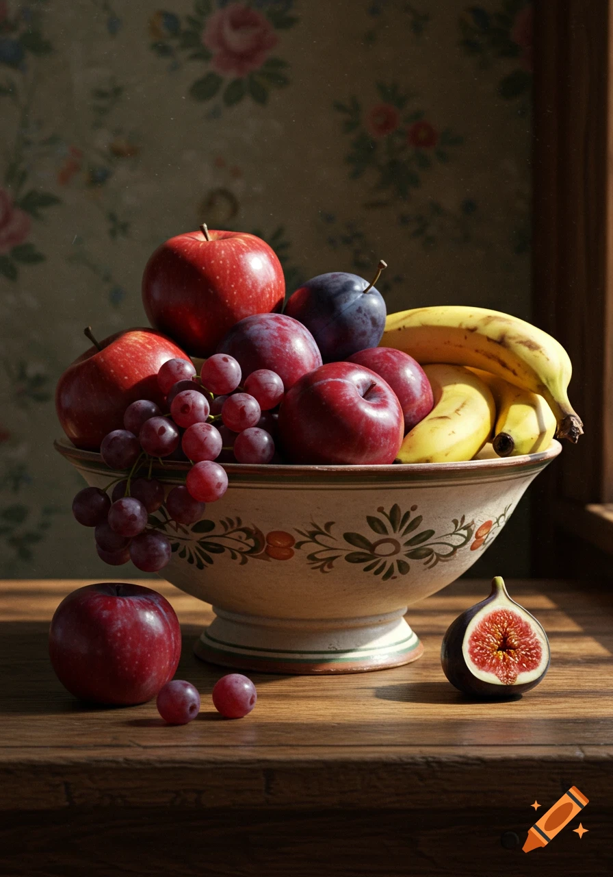 Photorealistic still life of a ceramic bowl brimming with red apples, plums, bananas, and grapes on a wooden table. A sliced fig and loose grapes are nearby, set against a floral wallpaper.