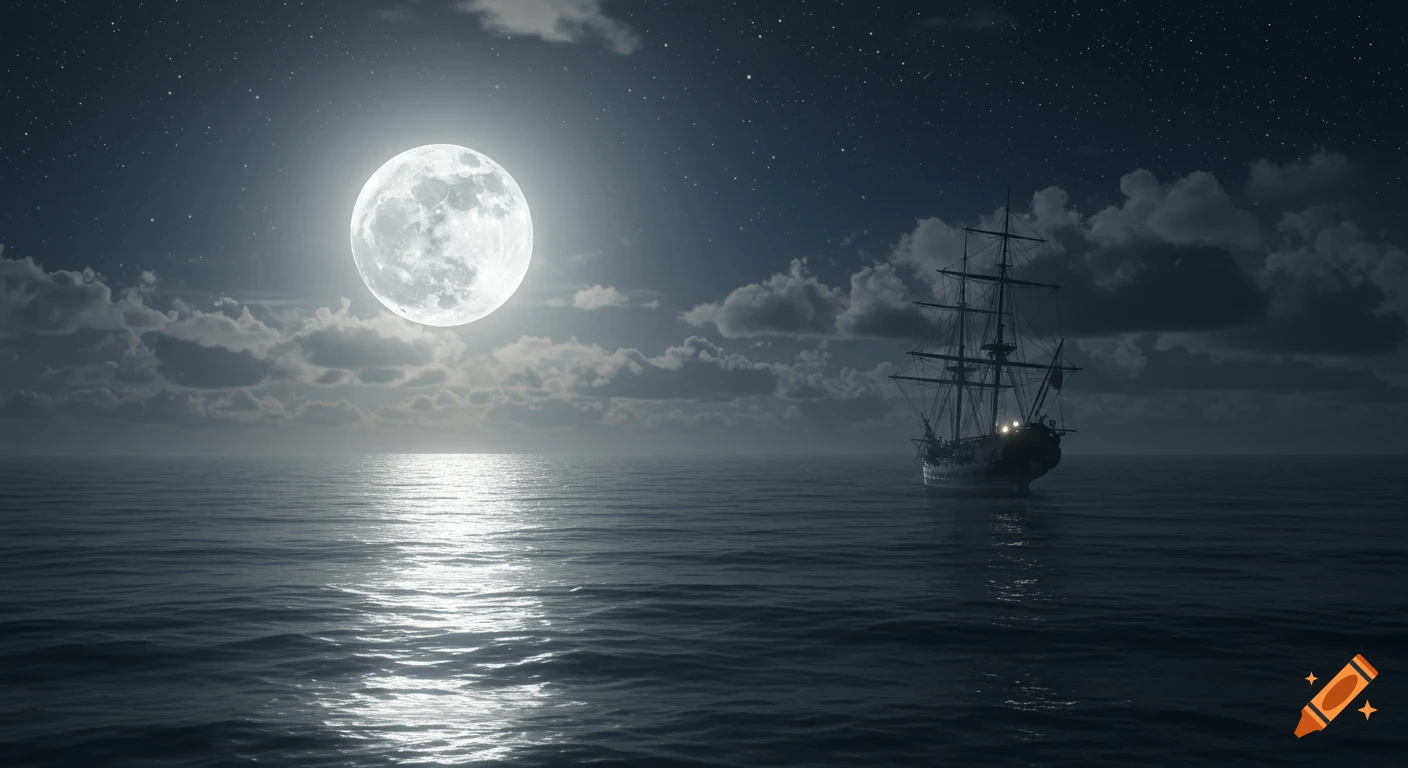 Full moon reflecting on a dark ocean at night with a large sailing ship in the distance under a starry, cloudy sky.