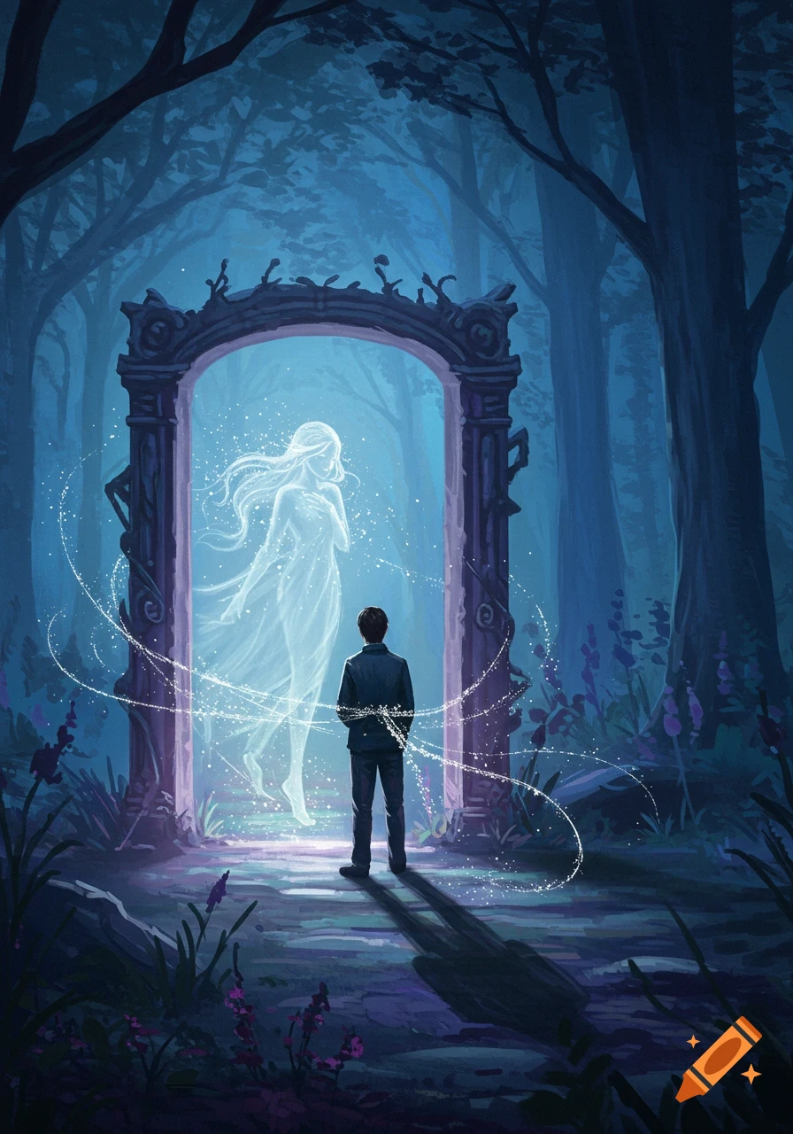 A man stands before an ornate archway in a dark forest, looking at a glowing, translucent female spirit. Digital fantasy art.