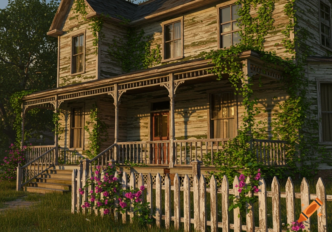 A sunlit, weathered Victorian farmhouse porch overgrown with green vines, behind a white picket fence with pink flowers.