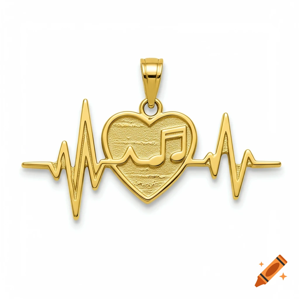 A gleaming gold pendant shaped like an electrocardiogram line with a musical eighth note in the center, isolated on white.