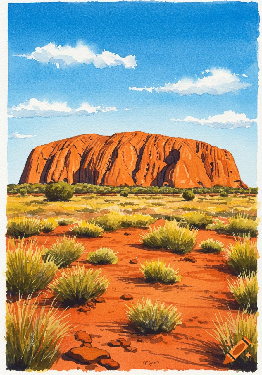 Watercolor painting of Uluru in a red desert landscape under a blue sky with clouds.
